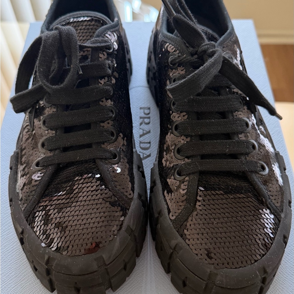 Prada Black Sequin Lace-Up Sneakers